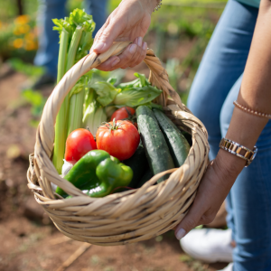 basket of tomatoes and vegetables.