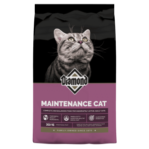Diamond Maintenance Formula Adult Dry Cat Food. In purple feed bag featuring a gray cat.
