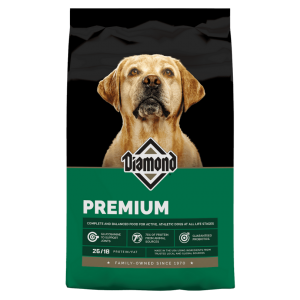 Diamond Premium Adult Dry Dog Food. Green dog food bag.