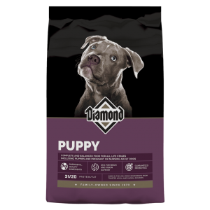 Diamond Puppy Formula Dry Dog Food. Purple puppy food bag.