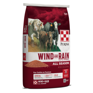 red bag of Purina Win and Rain All Season Mineral