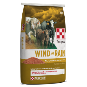 yellow bag of Purina Wind and Rain Fly Control Mineral