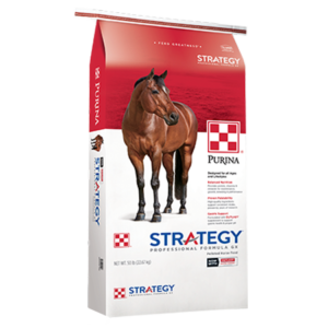 Purina Strategy Professional Formula GX Horse Feed. Red and white equine feed bag. Brown horse.