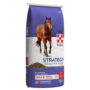 bag of Purina Strategy Healthy Edge Horse Feed