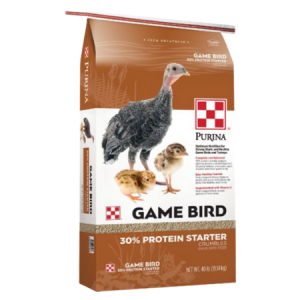 Tan and white feed bag. Young game birds.