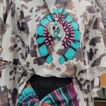 Super cool cow print shirt with blue and pink design on the front, aztec jacket and matching necklace