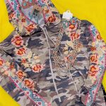 camo print hoodie with flower embroidery details