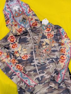camo print hoodie with flower embroidery details