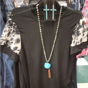 New Spring Arrivals: black shirt with turquise cross earrings and necklace