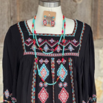 Aztec, geometric black, turquoise and pink blouse