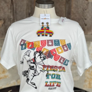 Graphic t-shirt, with colorful text good for Cinco de Mayo: it says "Fiesta for Life" by Ariat