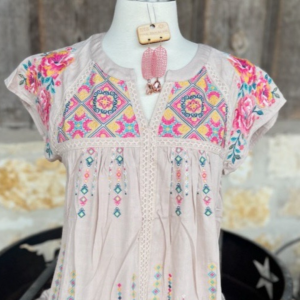 Aztec, geometric white, turquoise and pink blouse