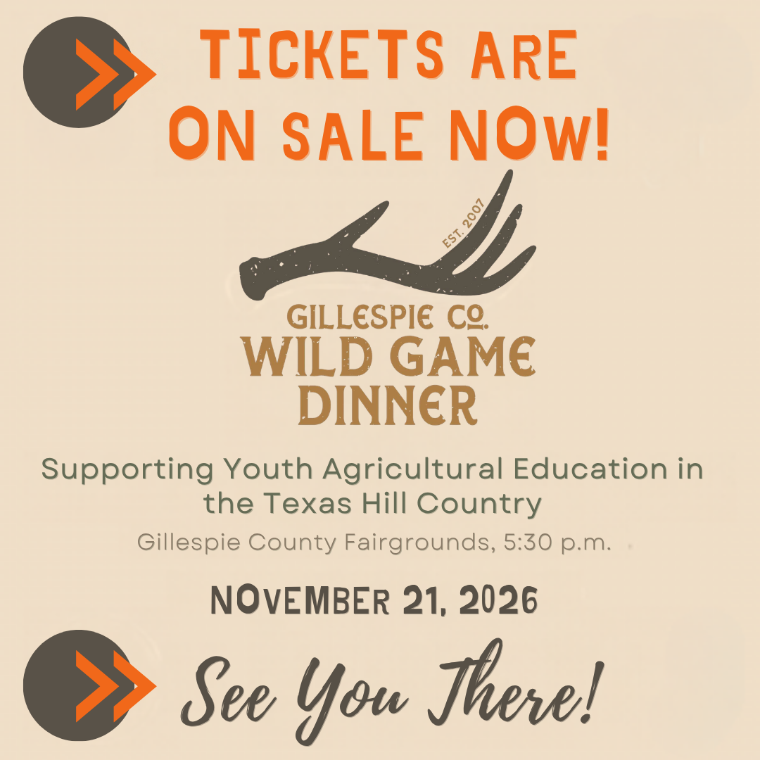 Gillespie County Wild Game Dinner promo flyer that says it's happening nov. 21, 2026