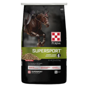 Purina SuperSport Amino Acid Supplement. Green and black feed bag.
