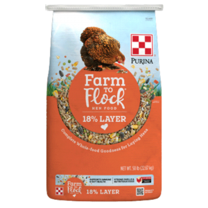 Purina Farm to Flock 18% Layer Food. Orange 50-lb bag of poultry feed.