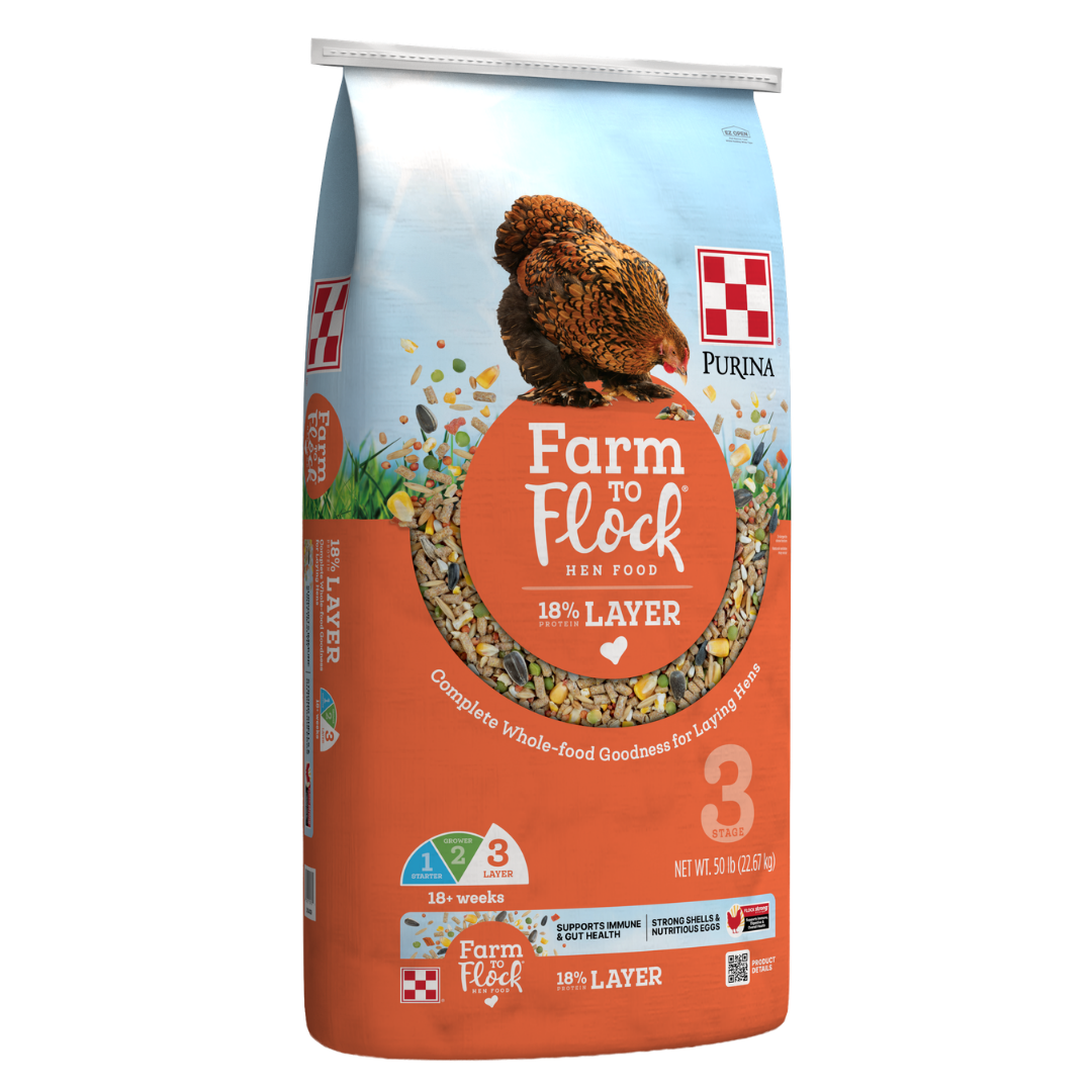 orange bag of Purina Farm to Flock 18% Layer Food with hen illustration