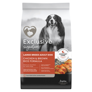 burnt orange colored bag of Exclusive Signature Large Breed Adult Dog Chicken & Brown Rice Formula