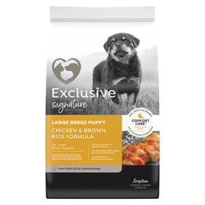 yellow bag of Exclusive Signature Large Breed Puppy Chicken & Brown Rice Formula