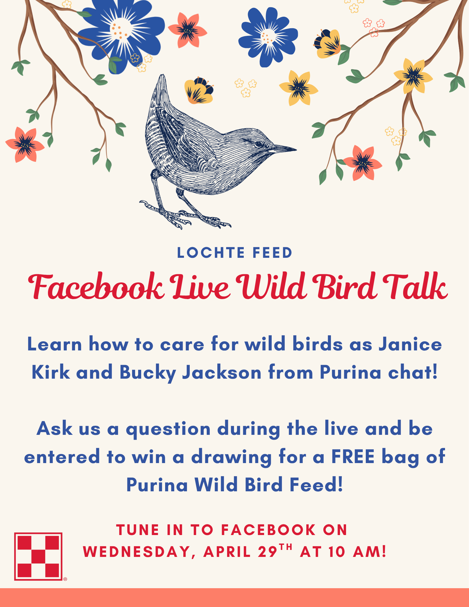 Colorful flyer with bird illustrations listing Facebook Live Wild Bird Talk details